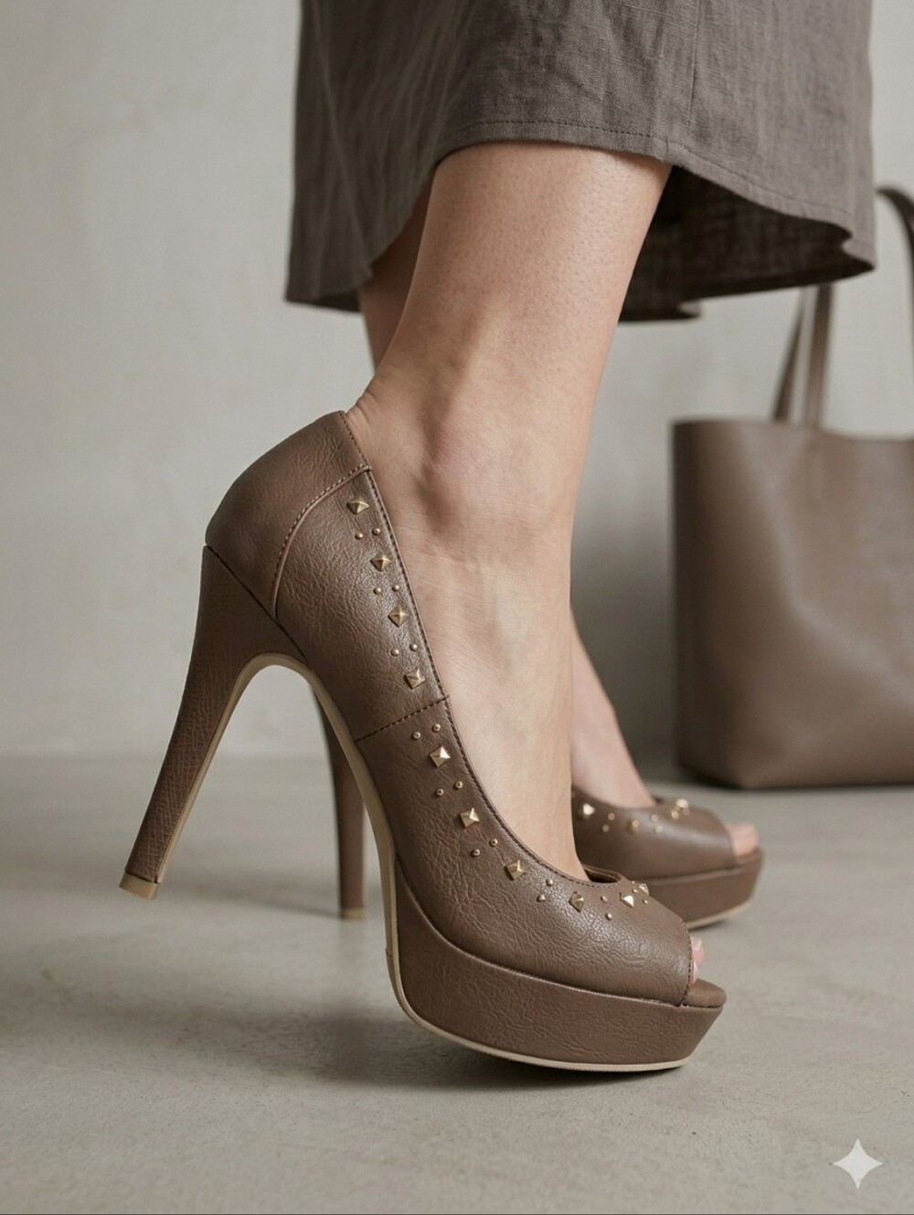 Edgy Taupe Studded Peep Toe Platform Heels Size 7.5